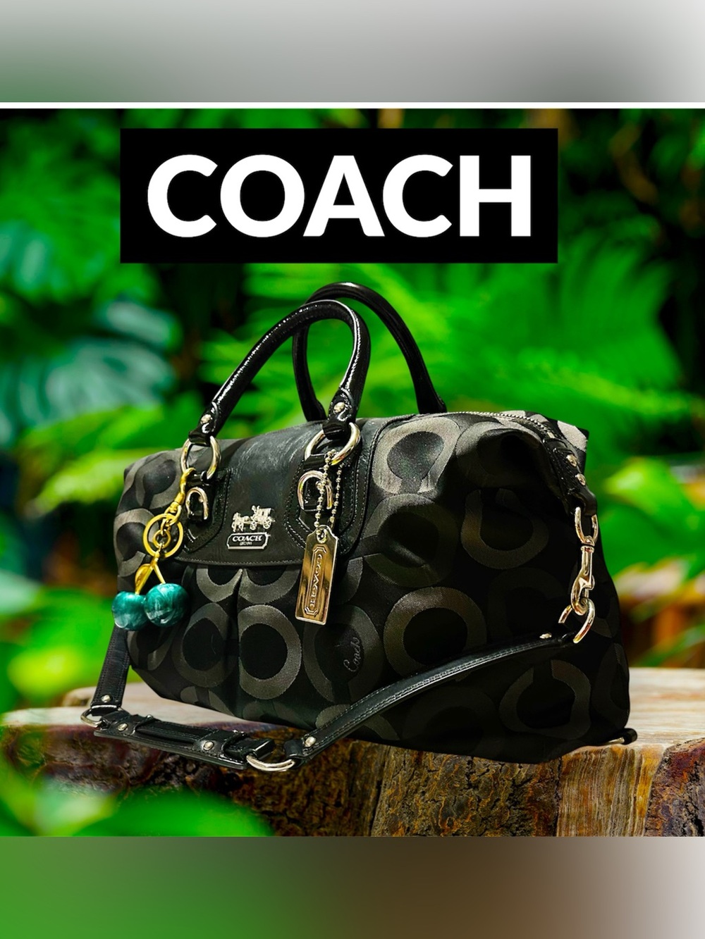Vintage Coach soho shoulder Bag Black Signature Satchel with Green Cherry Charm - Picture 17 of 17